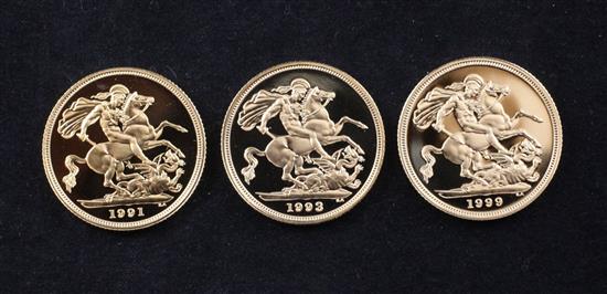 Three gold proof full sovereigns, 1991, 1993 &1999,